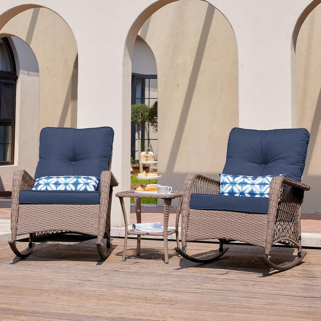 UDPATIO Rocking Chair Outdoor Set 2 with Coffee Table, 3 Piece Wicker Rocking Bistro Set with 4" Water-Resistant Cushions, Oversized, 350lbs Heavy-Duty, for Porch, Patio, Balcony, Brown/Navy