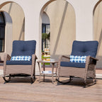 UDPATIO Rocking Chair Outdoor Set 2 with Coffee Table, 3 Piece Wicker Rocking Bistro Set with 4" Water-Resistant Cushions, Oversized, 350lbs Heavy-Duty, for Porch, Patio, Balcony, Brown/Navy