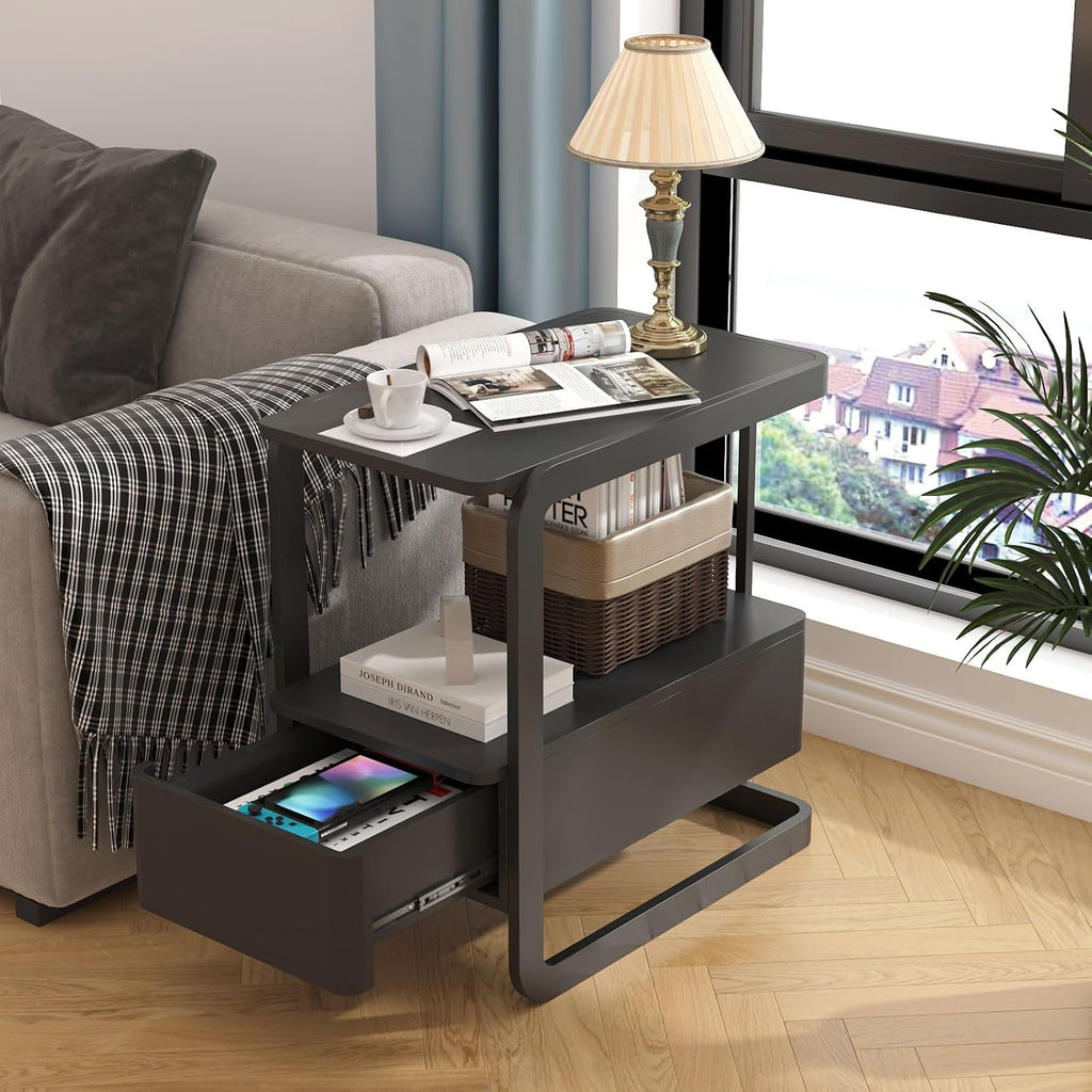 23.6" Tall Narrow Side Table with Drawer and Open Shelf – Modern End Table for Sofa, Couch & Small Spaces, Steel Frame, Lacquered Top, Nightstand for Bedroom, Living Room, Dorm, Black