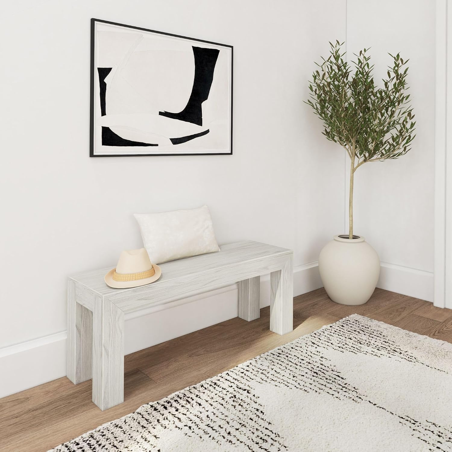 Plank+Beam Modern Dining Bench, 49 Inch, White Sand Wirebrush | Non-Toxic Finishes, Modern Design, Easy Assembly, Modern Style, Quick Setup, Solid Wood