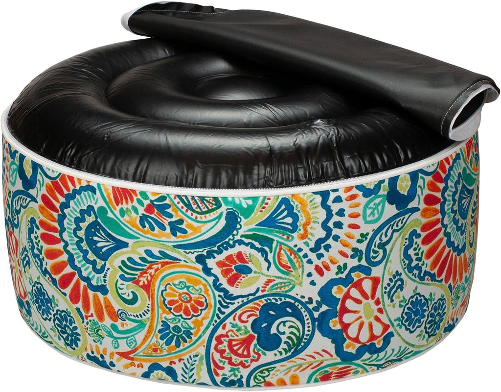 Magpie Fabrics Inflatable Stool Ottoman Pouf D20 xH9, Outdoor Round Footrest Footstool, Portable for Patio Garden Travel Camping - Paisley Multi