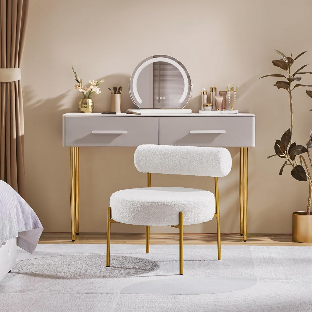 Yaheetech Accent Chair, Modern Tufted Vanity Chair, White | Boucle Fabric Vanity Stool with Gold Metal Legs, Cozy Sherpa Club Chair for Living Room Bedroom Home Office Makeup Room