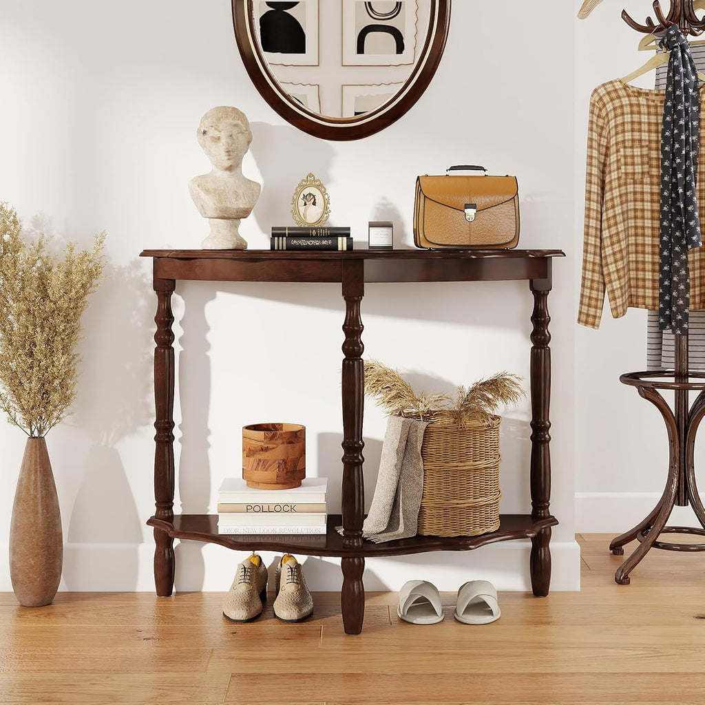 GOFLAME Half Moon Entryway Table, Retro Console Table with Storage Shelf & Solid Rubber Wood Legs, Vintage Display Accent Table, 2-Tier Curved Sofa Table for Living Room, Hallway, Entry, Walnut