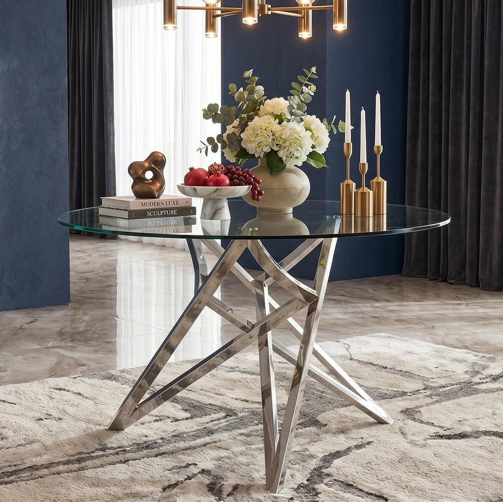 Glass Round Dining Table, 47.2" Modern Round Table with Silver Mirrored Geometric Legs, Gorgeous Clear Circle Table for Kitchen Dining Room, Apartment, Small Spaces