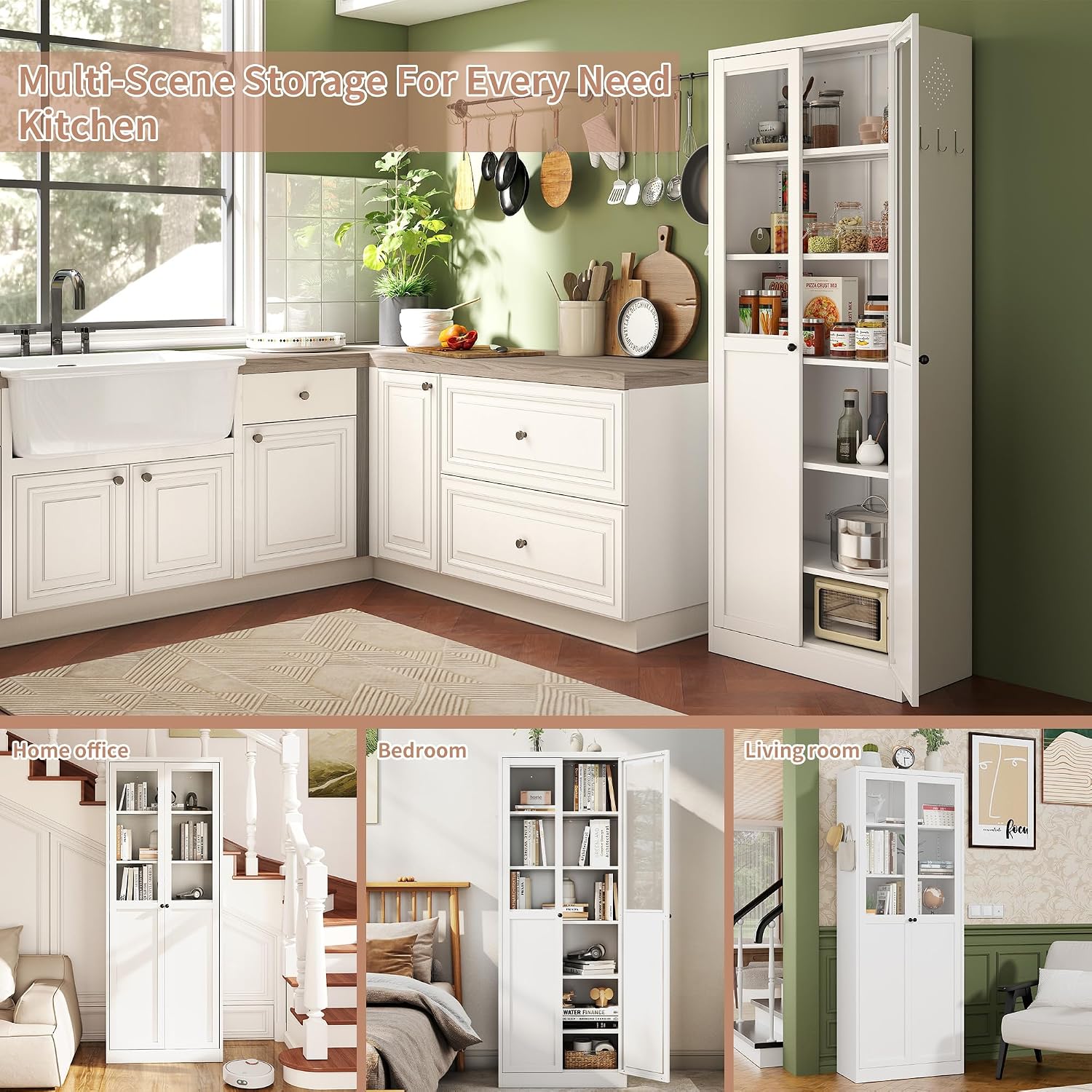 DSHADE 72" Tall Metal Kitchen Pantry Cabinet with Adjustable Shelves & Doors, Heavy-Duty Freestanding Storage Organizer, Tool-Free Assembly for Living Room, Bathroom, White