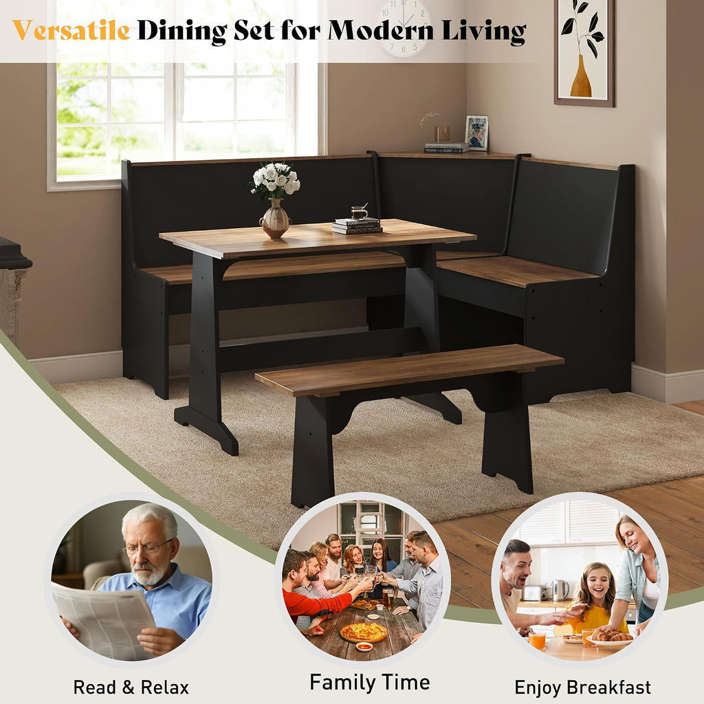 AMERLIFE 3-Piece Corner Dining Set with Hidden Storage, Black Oak | Dining Set for Small Spaces, Lift Up Storage Compartments, L Shaped Layout, Space Saving Furniture, Kitchen Dining Area