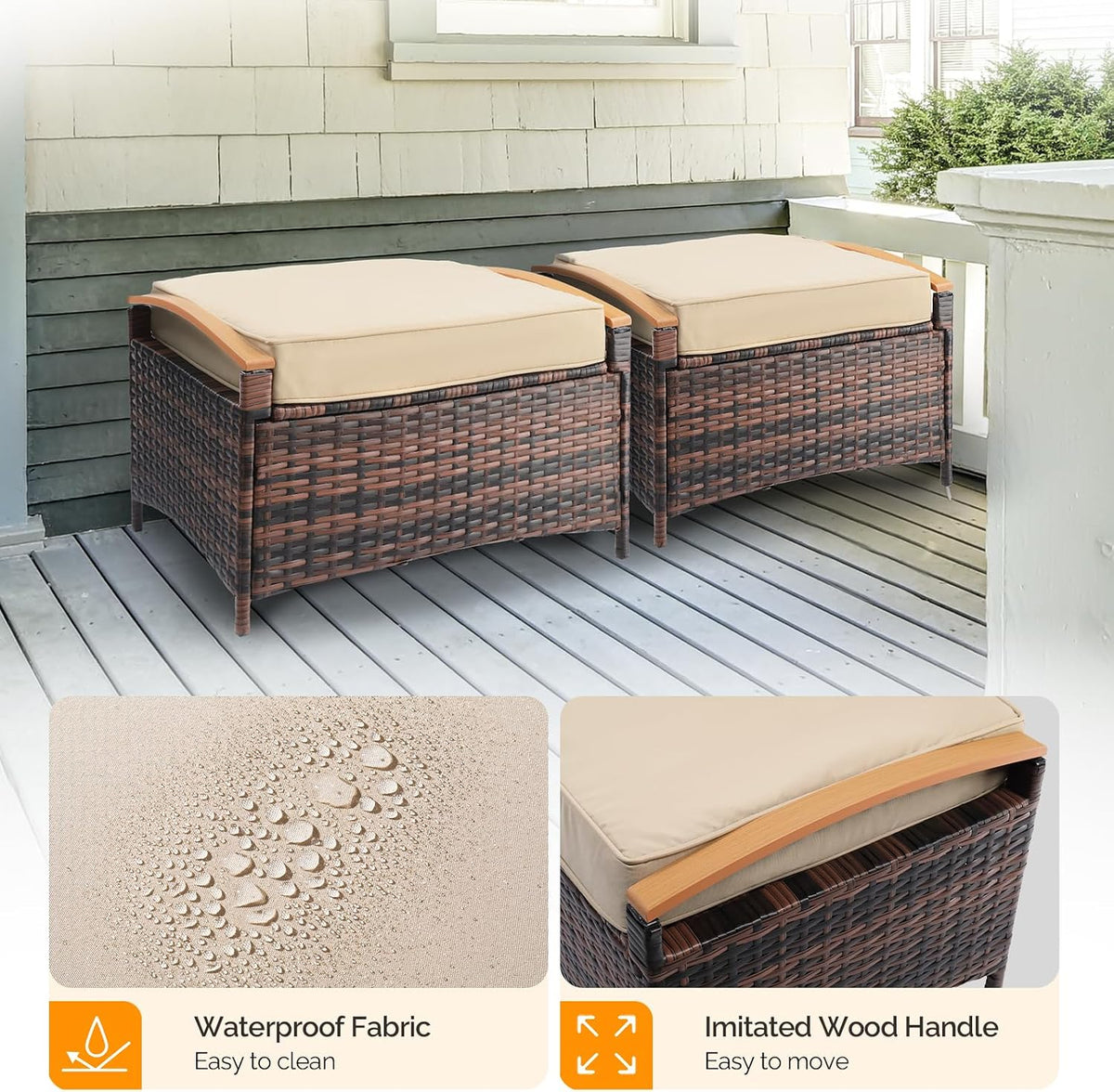 VINGLI 2 Pieces Rattan Ottoman with Storage, Wicker Patio Furniture w/Removable Cushion, Multipurpose Footrest Stool for Outdoor (Brown)