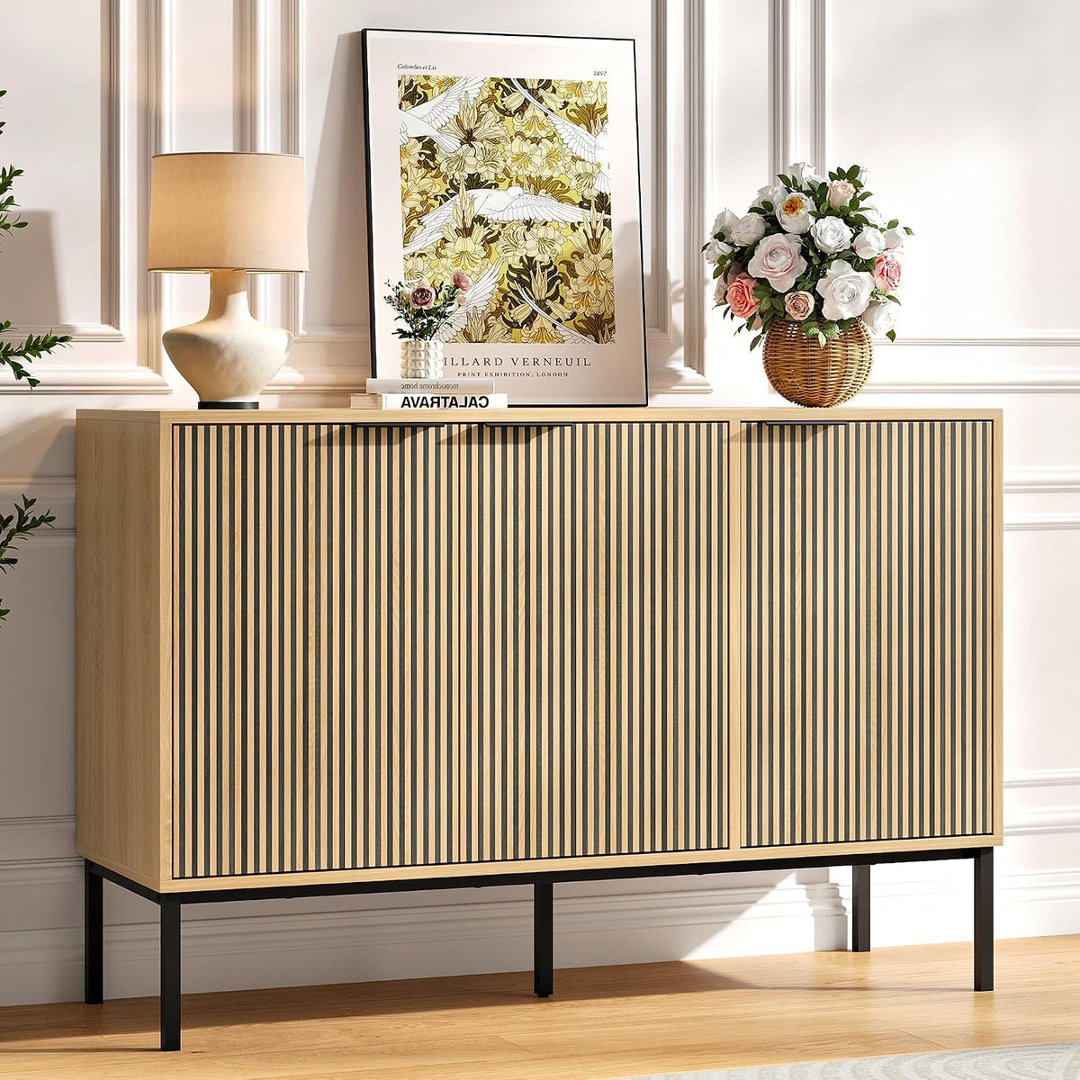 47.2" Sideboard Cabinet, Modern Buffet Cabinet with Doors & Adjustable Shelf, Wood Credenza Coffee Bar Storage Console Table for Kitchen, Dining Room, Living Room, Entryway, Natural