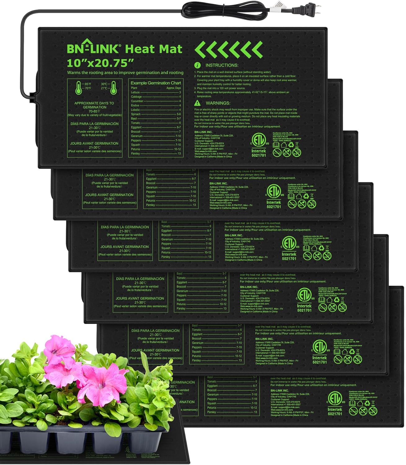 BN-LINK Durable Seedling Heat Mat for Seed Starting 10" x 20.75", 6 Pack Waterproof Warming Mat Plant Heating Pad for Seed Germination, Indoor Growing, Hydroponic, Greenhouse, ETL Listed