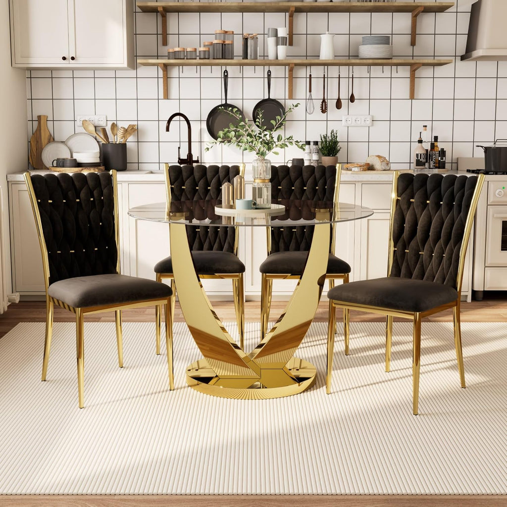 38.9" Round Glass Dining Table for 2-4, Modern Glass Dining Room Table with Tempered Glass Top & Stainless Steel Legs, Round Kitchen Table for Small Space, Apartment(Gold)