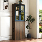 70.9" H Display Storage Cabinet , 4 Tier Multi-functional Pull-out Multi-tier Storage Shelf & 2 Glass Doors, Modern Wooden Kitchen Pantry Cabinet for Living Room or Kitchen and Dinning Room (Walnut)
