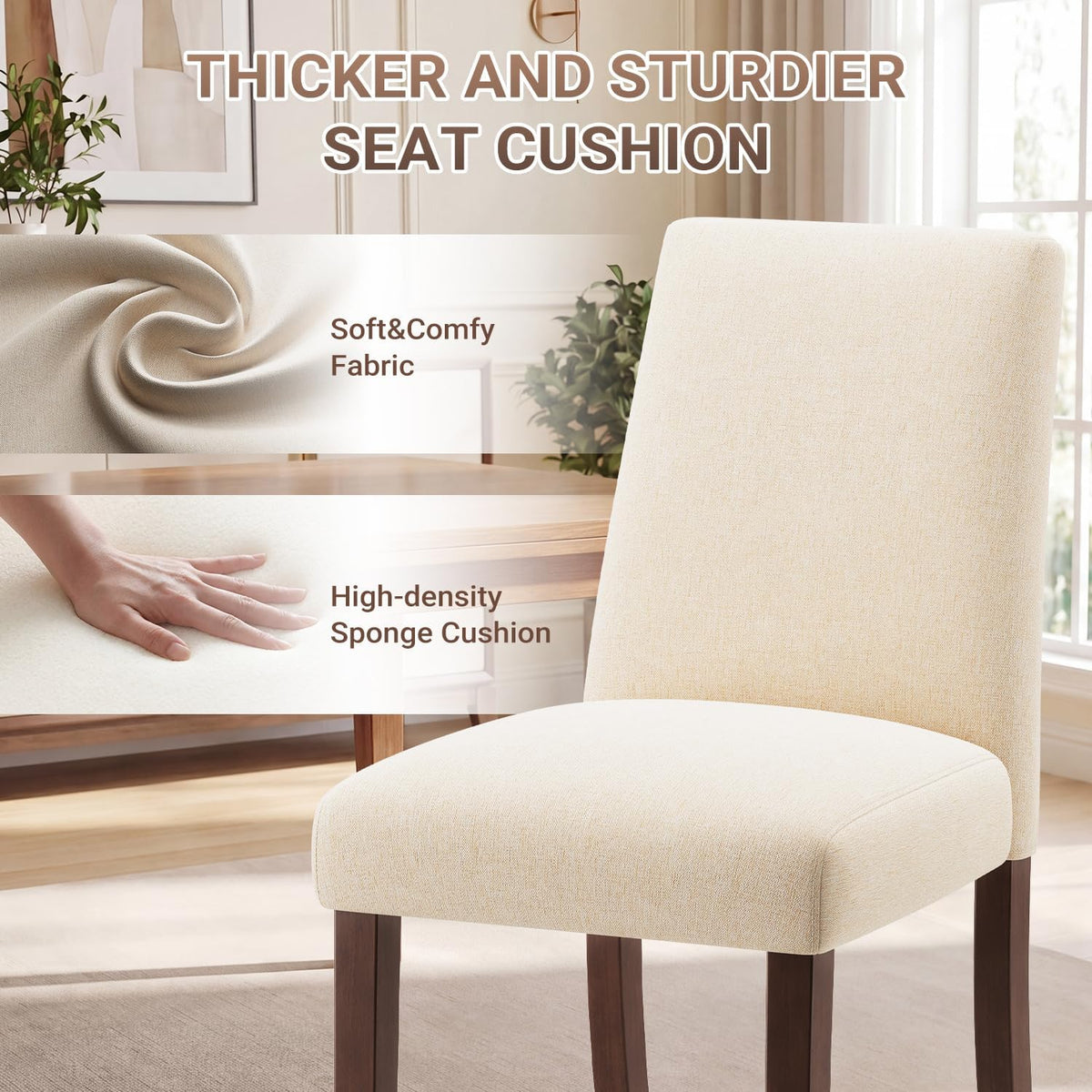 Upholstered Dining Chairs Set of 6, Mid-Century Dining Room Chairs with Wooden Legs, Farmhouse Fabric Parsons Chairs for Small Space Restaurant & Cafe- Beige