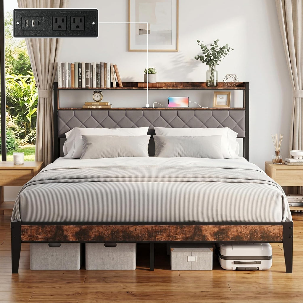 King Bed Frame with Charging Station & 2-Tier Storage Headboard, Grey