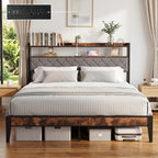 King Bed Frame with Charging Station & 2-Tier Storage Headboard, Grey
