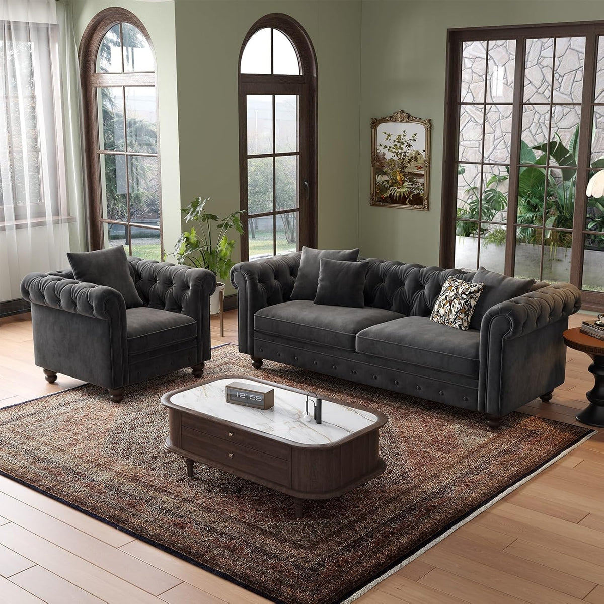 ONBRILL 82 Inch Chesterfield Sofa, 23 Inch Deep Seat Velvet Couch for Living Room, Button Tufted Couch with Rolled Arms, 2 Throw Pillows, Comfy Vintage Loveseat Sofa for Apartment, Black