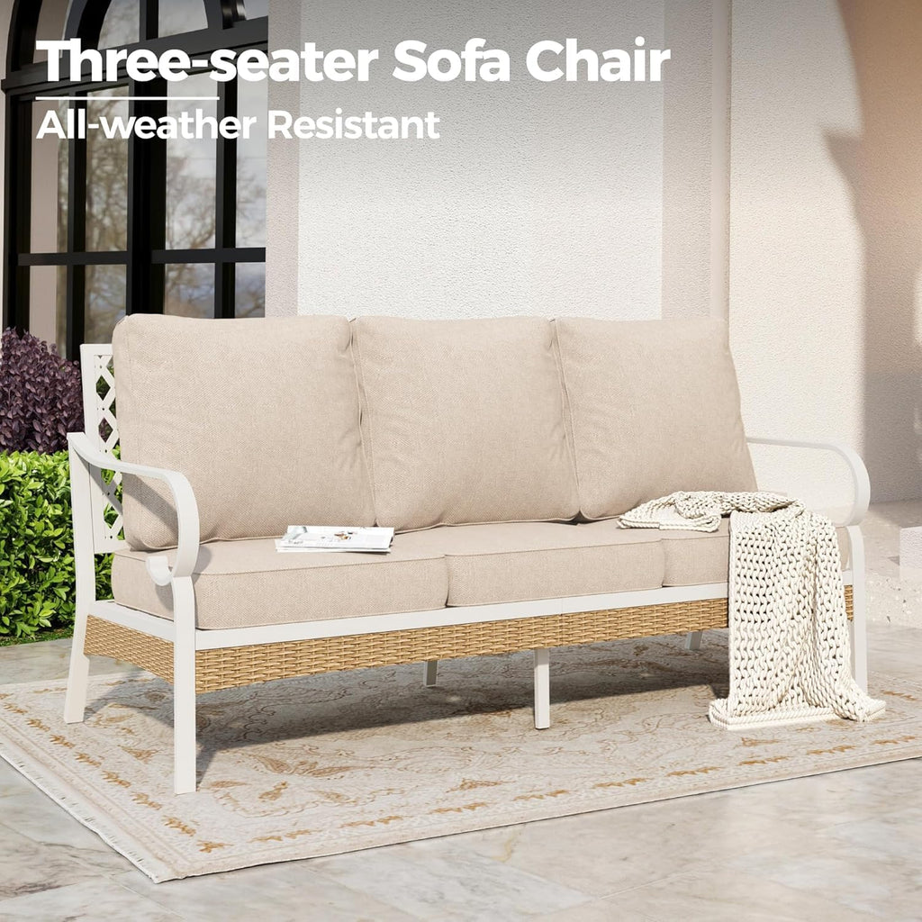 SUNSHINE VALLEY Metal Patio Furniture Sofa with 5.75" Extra Thick Cushion, 3-Seater Deep Seating & High-Back White Frame Outdoor Couch All Weather Outdoor Seating for Deck Gazebo Porch, Beige