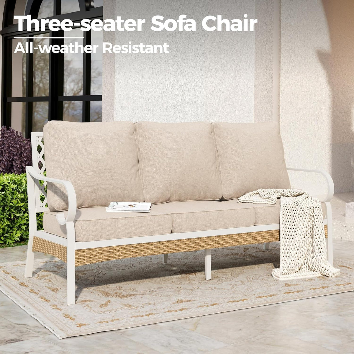 SUNSHINE VALLEY Metal Patio Furniture Sofa with 5.75" Extra Thick Cushion, 3-Seater Deep Seating & High-Back White Frame Outdoor Couch All Weather Outdoor Seating for Deck Gazebo Porch, Beige