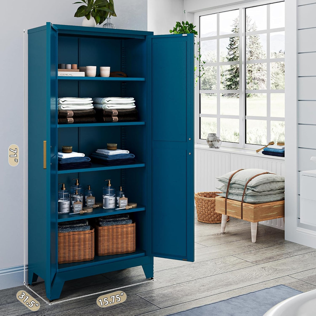 Washsemba 71'' Farmhouse Metal Storage Cabinet with Barn Doors,Steel File Cabinet for Home Office,Kitchen Pantry 4 Adjustable Shelves,Freestanding Cupboard for Kitchen,Home Office (Peacock Blue)