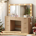 LUXOAK 47" Makeup Vanity Desk with Large Mirror & LED Lights, Oak | Fluted Vanity with 7 Drawers, Glass Top & Charging Station, Dressing Table for Bedroom, Women & Girls