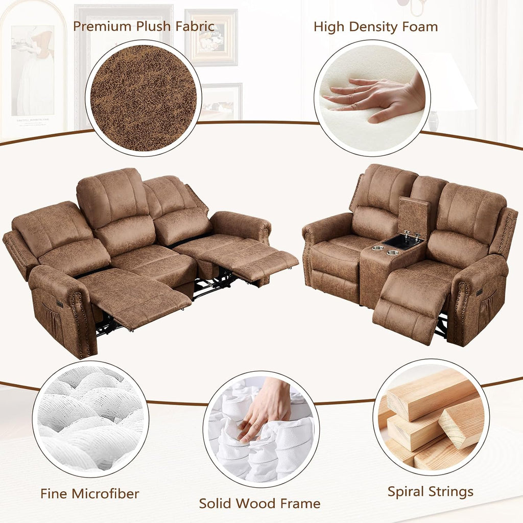 HAOMARKETS 3-Piece Power Reclining Sofa Set with Rivets, Included Electric Massage Recliners, Loveseat Couch with Console and 3-Seater Recliner Sofa, Faux Leather Living Room Furniture Set, Brown