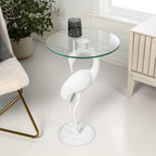 JONATHAN Y Blanche 25" White Iron and Glass Flamingo End Table with Sculptural Base, Round Accent Side Table for Living Room, Bedroom, Coastal Decor, White END1006C