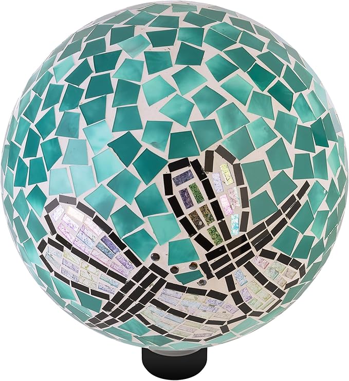Alpine Corporation HMD194 Outdoor Glass Mosaic Gazing Globe Yard Decoration, 10"Diameter, Dragonfly Duo