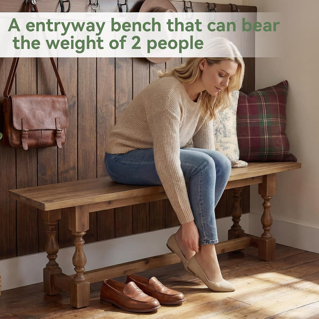 Rustic Solid Wood Entryway Bench, 59.1" Long Farmhouse Dining Seat with Turned Legs, End of Bed Bench for Entryway, Dining Room, Bedroom, Holds Up to 300 lb, Easy Assembly, Natural Brown