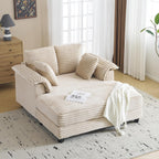 VINGLI 56" Oversized Chaise Lounge Chair, Beige Comfy Corduroy Chaise Sofa Recliner Bed Upholstered Sleeper Couch Bed with Throw Pillows and Armrests for Living Room, Movie Room, Bedroom