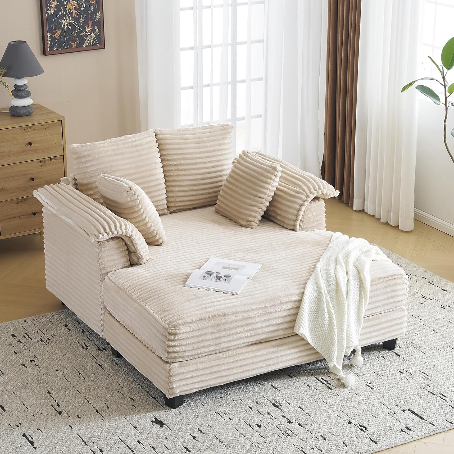VINGLI 56" Oversized Chaise Lounge Chair, Beige Comfy Corduroy Chaise Sofa Recliner Bed Upholstered Sleeper Couch Bed with Throw Pillows and Armrests for Living Room, Movie Room, Bedroom
