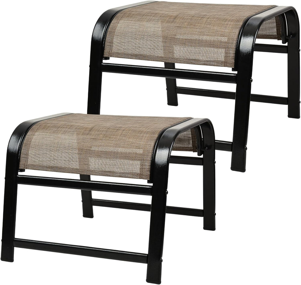 Outdoor Ottoman Patio Footstool 2 Set Modern Breathable Metal Frame Foot Rest Brown