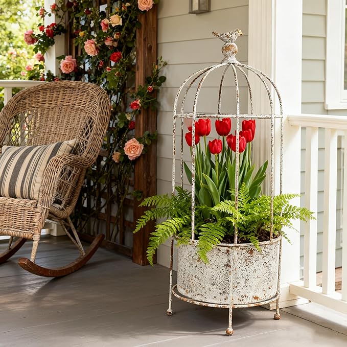 Vintage Rustic Birdcage Planter Stand, Farmhouse Distressed Decorative Metal Round Plants Holder, Outdoor Garden Flower Pot for Climbing Plants, Home Patio Yard Balconies Decor