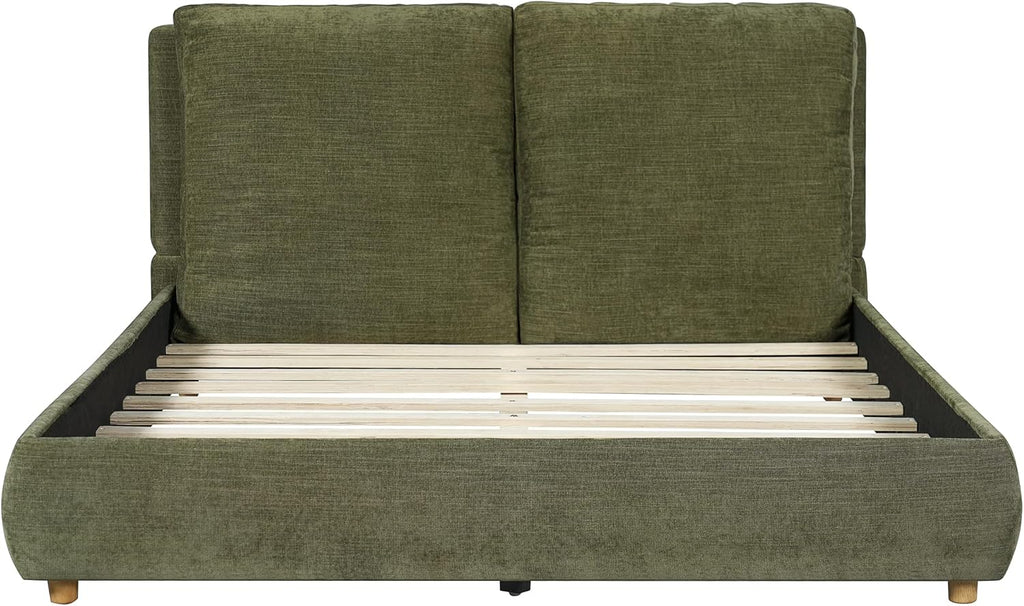 Merax Queen Linen Blend Platform Bed with 2 Headboard Pillows, Olive Green