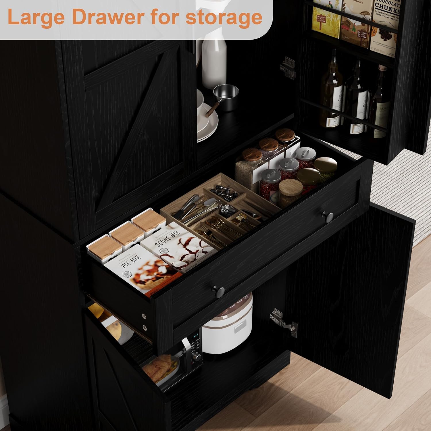 Garvee 71" Kitchen Pantry Cabinet, Barn Door Freestanding Cupboard with Drawer, Sliding Storage Rack, and 6 Hanging Shelves for Kitchen, Dining Room, Living Room Bedroom
