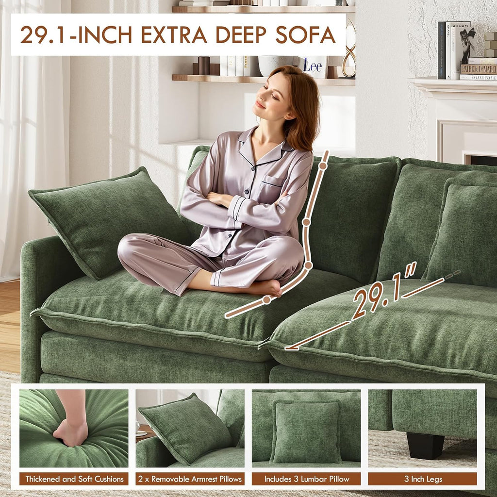 WorthFurni 111.4" Modular Sectional Sofa, U Shape Cloud Couch with 2 Movable Ottoman, Comfy Chenille Deep Seat Sofa with Soft Pillows for Living Room Bedroom Apartment (Green)