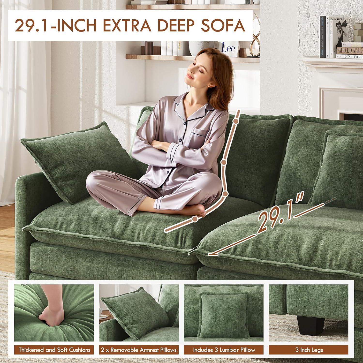 WorthFurni 111.4" Modular Sectional Sofa, U Shape Cloud Couch with 2 Movable Ottoman, Comfy Chenille Deep Seat Sofa with Soft Pillows for Living Room Bedroom Apartment (Green)