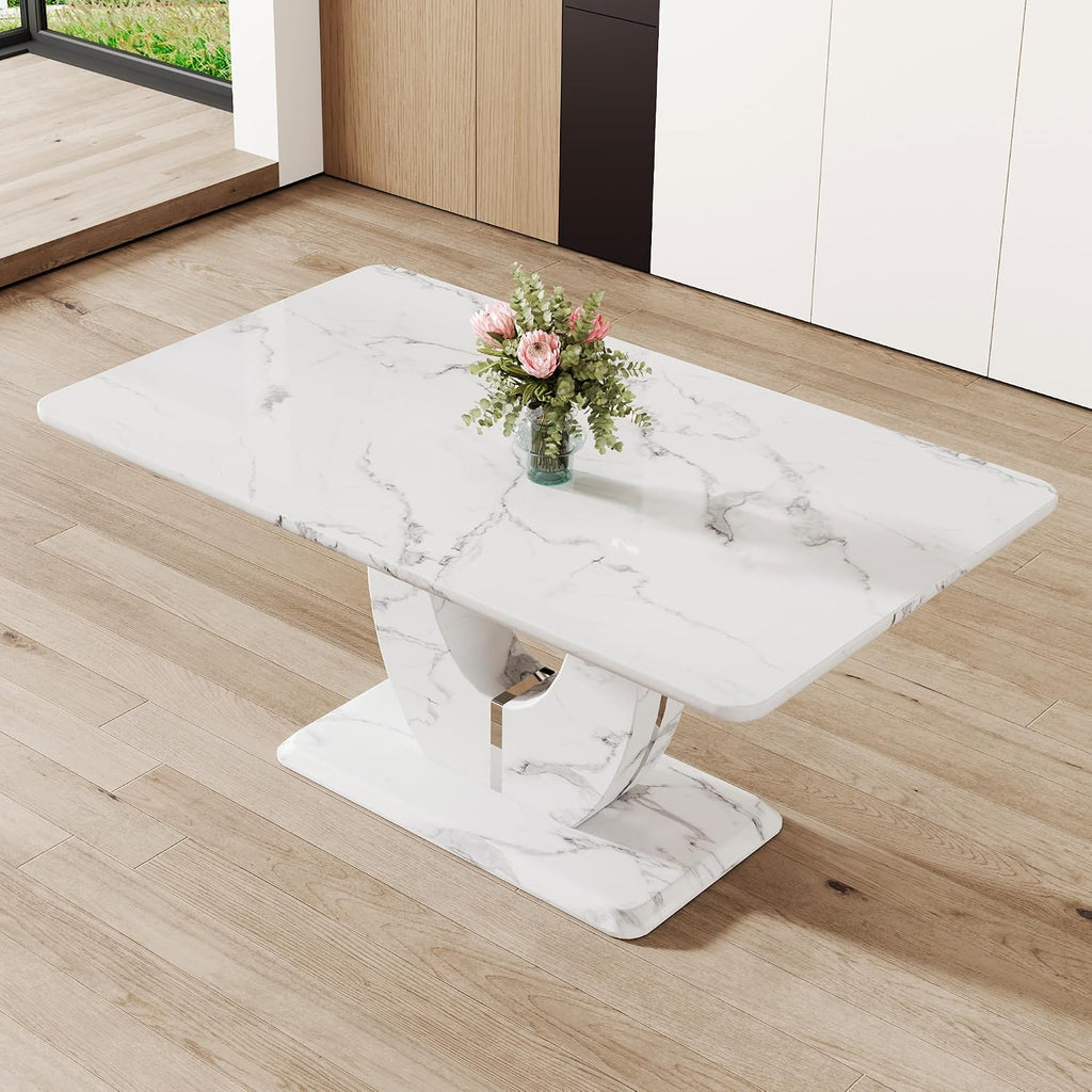 JUFU 63" Faux Marble Dining Table for 4-6 People, Modern Rectangular Kitchen & Dining Room Table, White Marble-Look MDF Tabletop with U-Shaped Pedestal Base, Easy Assembly Dining Table