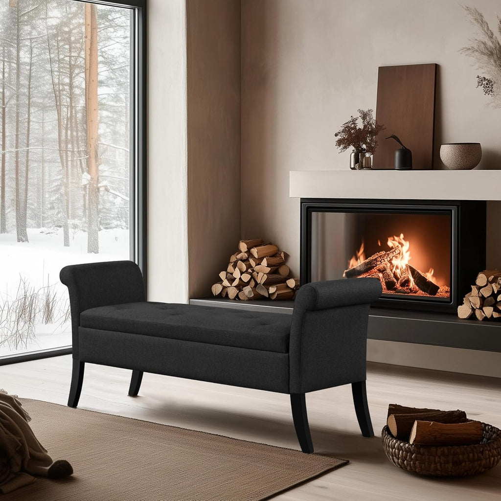 Yaheetech 52in Rolled Arm Storage Ottoman Bench Seat for Entryway, Black | Button-Tufted Bench Seat with 1.9C Storage Space, Rolled Arms, Wood legs, Metal Hinges, for Living Room Window Seat Entryway
