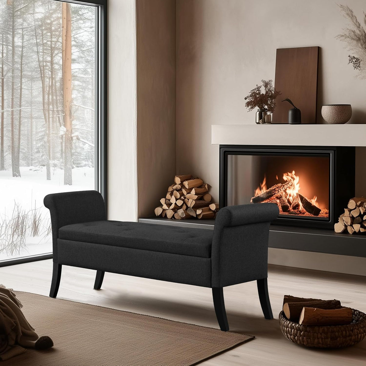 Yaheetech 52in Rolled Arm Storage Ottoman Bench Seat for Entryway, Black | Button-Tufted Bench Seat with 1.9C Storage Space, Rolled Arms, Wood legs, Metal Hinges, for Living Room Window Seat Entryway