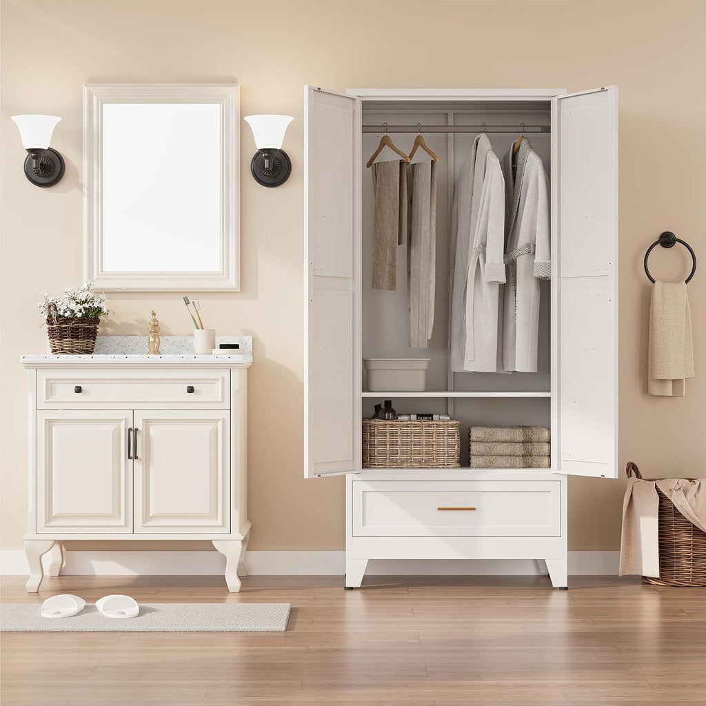 Metal Armoire Wardrobe Closet, Bedroom Armoires with Drawers | 71'' Metal Wardrobe Cabinet with 2 Doors and 2 Adjustable Shelves,Laundry Room Cabinets,Large Wardrobe Closet