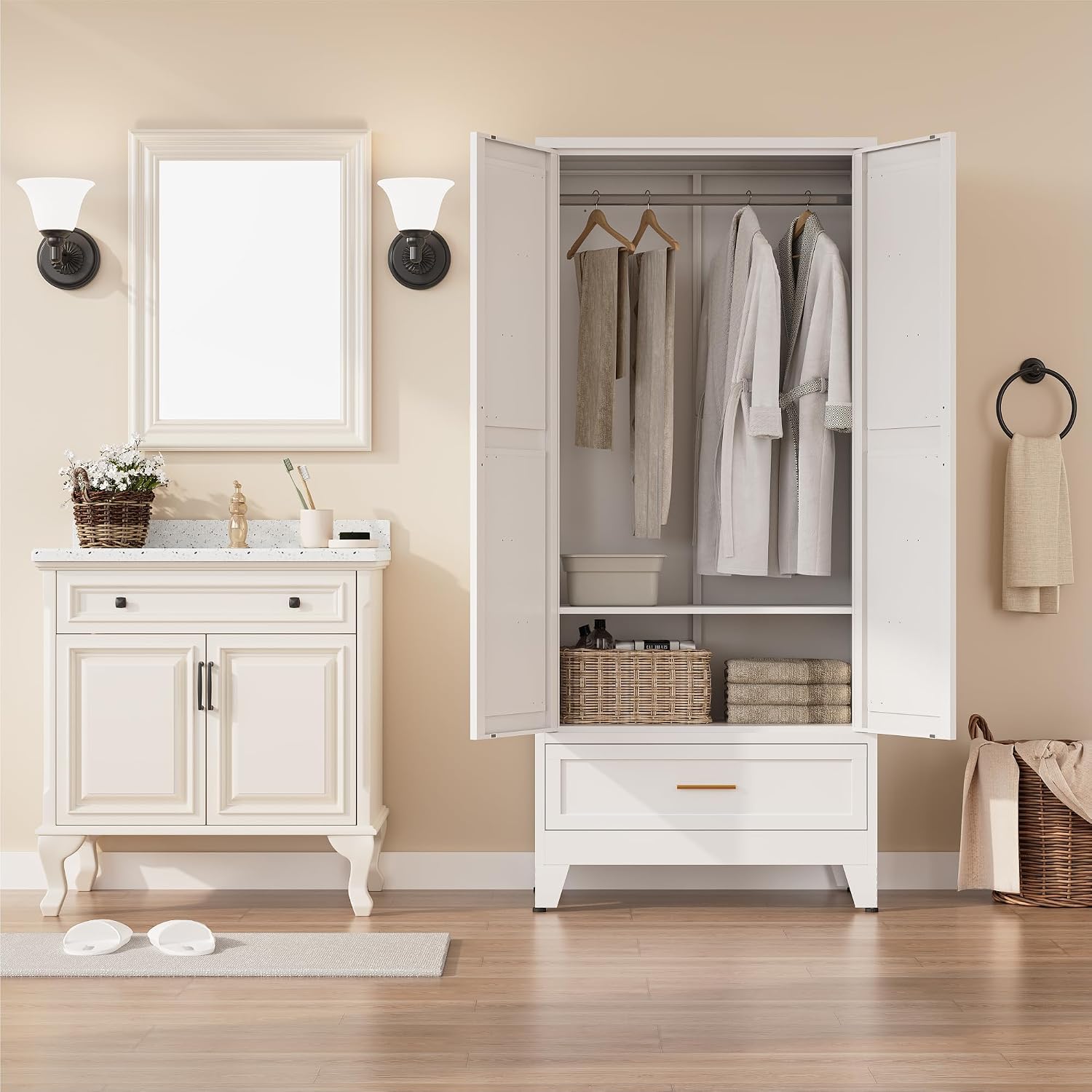 Metal Armoire Wardrobe Closet, Bedroom Armoires with Drawers | 71'' Metal Wardrobe Cabinet with 2 Doors and 2 Adjustable Shelves,Laundry Room Cabinets,Large Wardrobe Closet