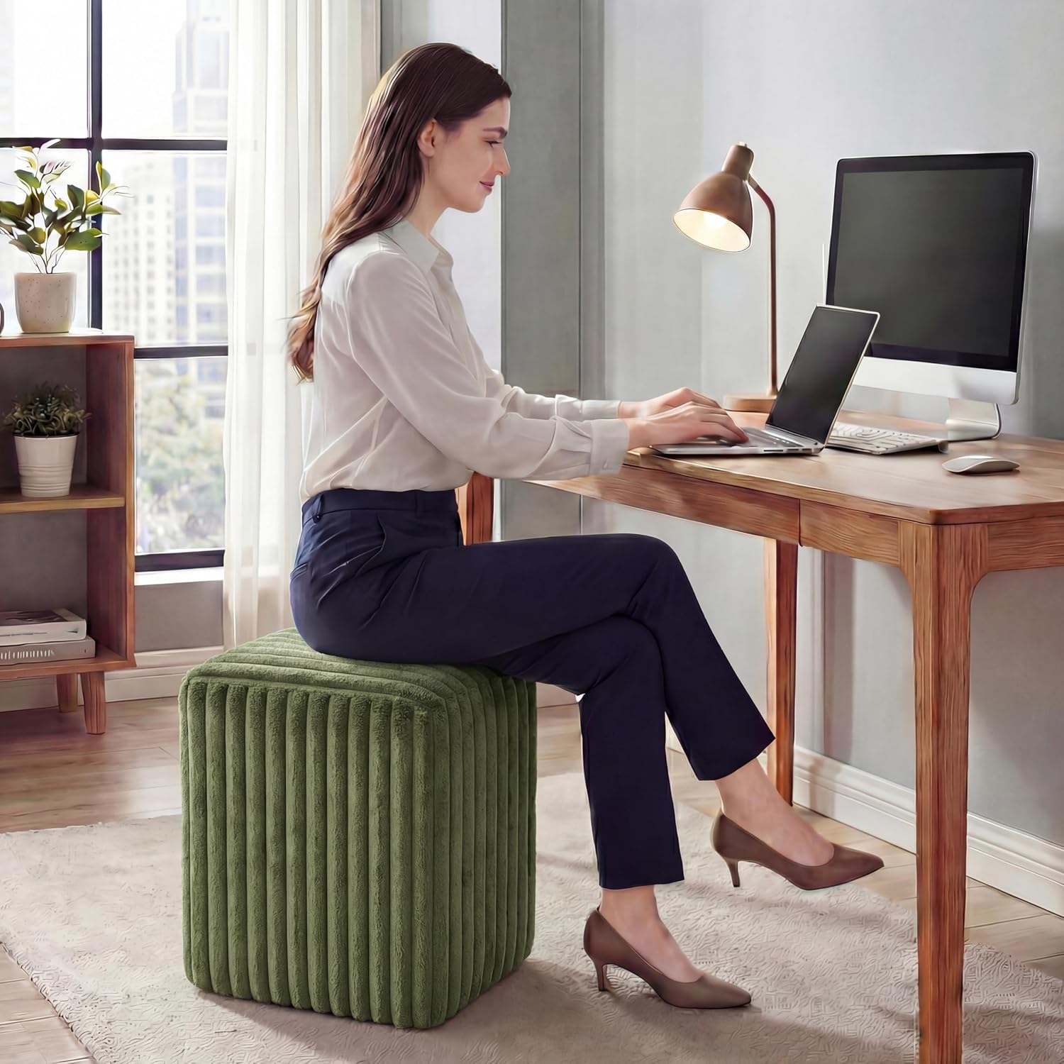 Modern Square Vanity Stools, Small Striped Pattern Ottoman, Cute Velvet Foot Stool, Tufted Fabric Footrest, Upholstered Vanity Chair, Stool for Makeup, Bedroom, Living Room(2, Square-Dark Green)