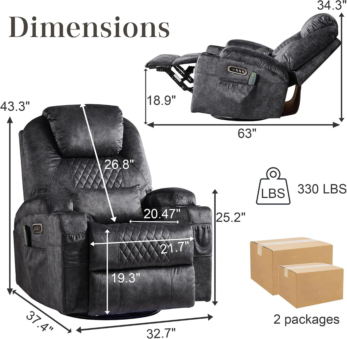 AHMED Dual Motor Power Swivel Rocker Recliner Chair, Velvet Grey | Electric Glider Rocking Chair, Massage & Heat, Cup Holders, LED Lights, USB A/USB C Ports