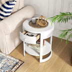 GOFLAME Round Side Table with Drawer, Retro 2-Tier Nightstand with Shelf & Wood Grains, Vintage Wooden Accent Table, Mid-Century Modern End Tables for Living Room, Bedroom, White