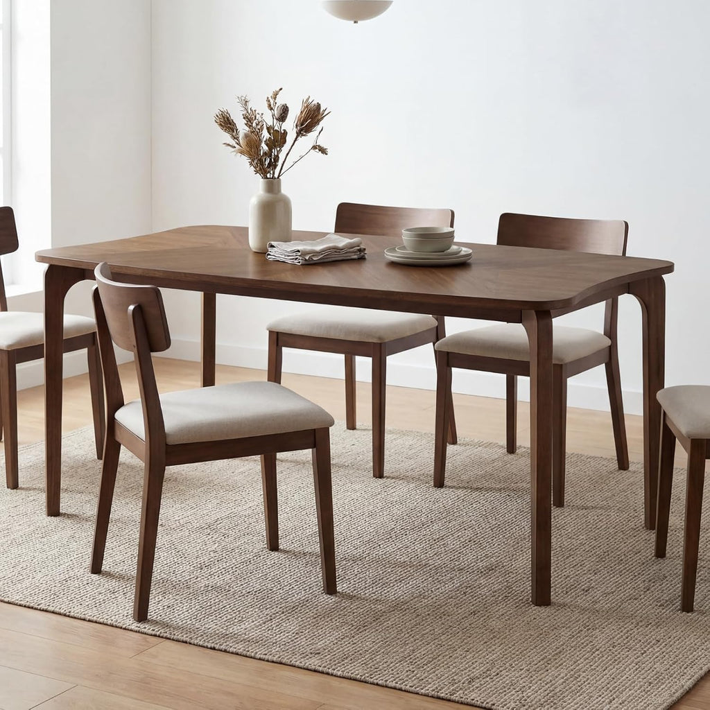 DUOMAY Mid-Century Modern Walnut Color Dining Table, 63" Rectangular Kitchen Table with Solid Wood Legs, Curved Edges, 6-Person Table for Dining Room Living Room Kitchen