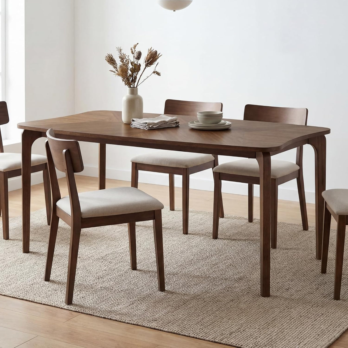 DUOMAY Mid-Century Modern Walnut Color Dining Table, 63" Rectangular Kitchen Table with Solid Wood Legs, Curved Edges, 6-Person Table for Dining Room Living Room Kitchen