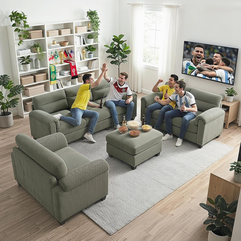HAOMARKETS Corduroy Sofa Set, Upholstered Ottoman Footrest, Modern Living Room Furniture Sets,Green