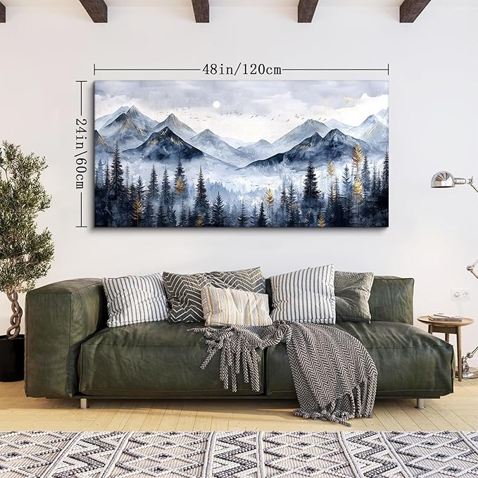 SERIMINO Mountain Landscape Large Wall Art, Misty Forest Canvas Prints, Blue Gold Watercolor Pine Tree Paintings Wall Decor Living Room Bedroom, Natural Scenery Office Decor Pictures 24"X48"