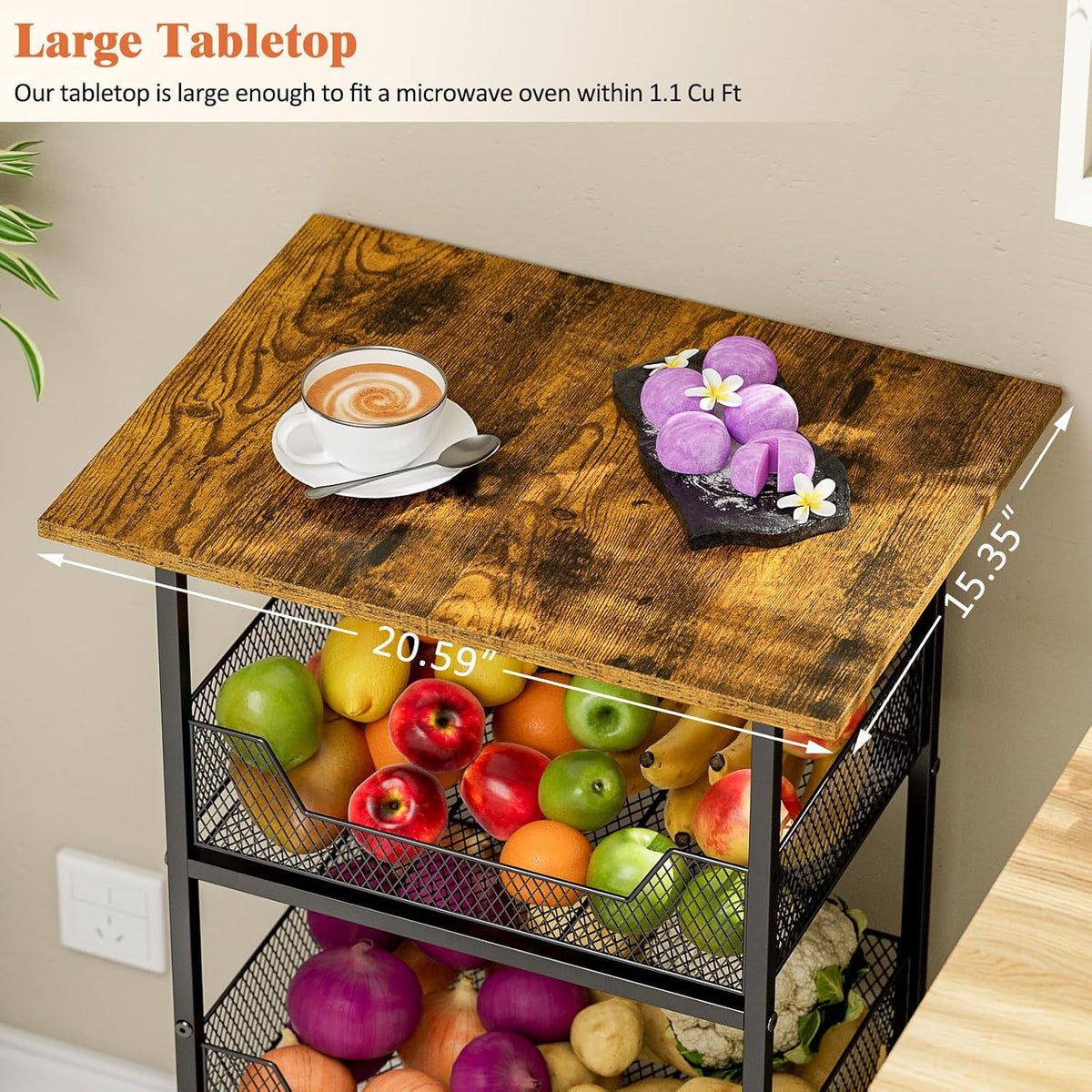 ThreeHio Rolling Kitchen Microwave Cart with Fruit Baskets, 4 Tier Microwave Table Stand with Storage, Kitchen Storge Shelf on Wheels Small Rolling Cart Organizer Rack for Pantry, Living Room