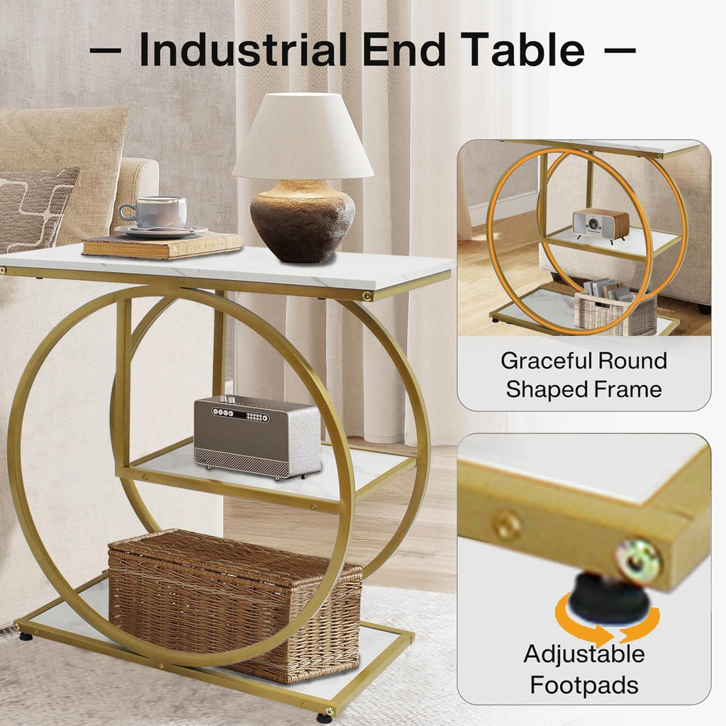 AT-VALY Pair of 2 Side Table with Storage Shelves,3-Tier End Table, Small Sofa Side Table for Living Room, Bedroom (Gold)