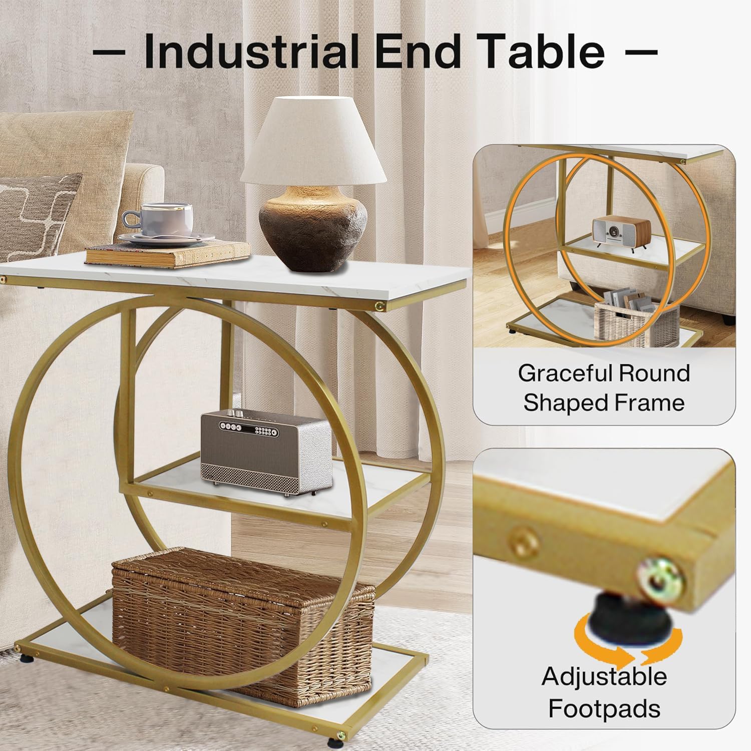 AT-VALY Pair of 2 Side Table with Storage Shelves,3-Tier End Table, Small Sofa Side Table for Living Room, Bedroom (Gold)